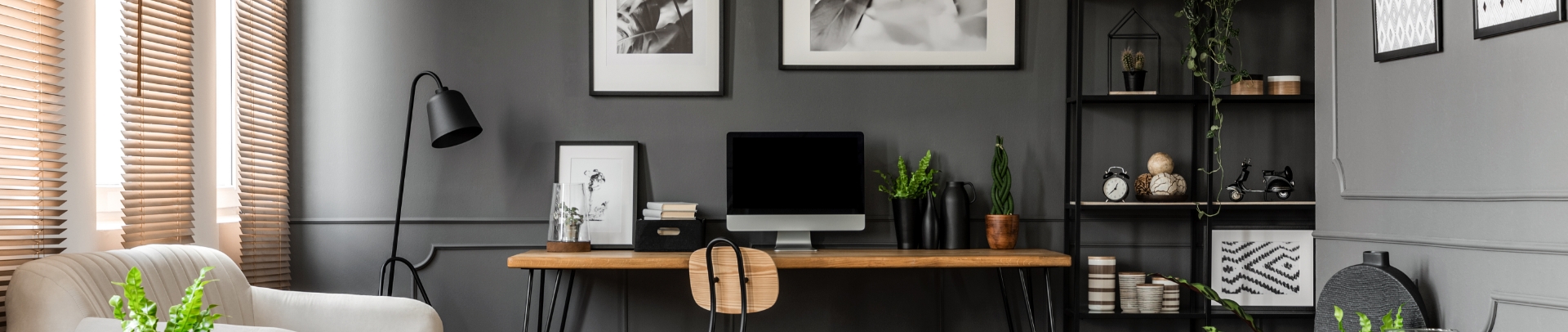 clean modern office with dark grey walls